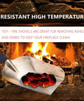 Fire shovel with glowing coals in a stone fireplace, showing high temperature resistance and cleaning capability.