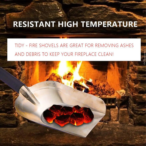 Fire shovel with glowing coals in a stone fireplace, showing high temperature resistance and cleaning capability.