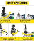 Steps to operate Electric Metal Nibbler Crazy Fast Cuts 380W 1800RPM Heavy Duty Cutter, showing screw rotation and replacement.
