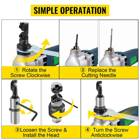 Steps to operate Electric Metal Nibbler Crazy Fast Cuts 380W 1800RPM Heavy Duty Cutter, showing screw rotation and replacement.