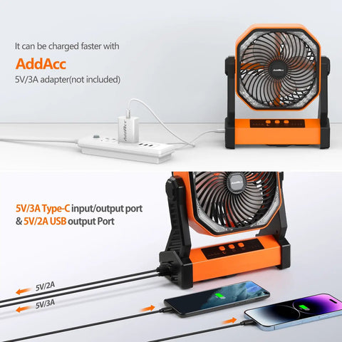 All Day Camping Fan With 20000mAh Battery, 58 Hour Run Time, Rechargeable Portable Fan And 400 Lumens Light charging ports
