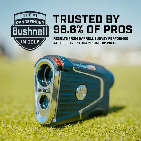 Golf Rangefinder With Wind Speed And Slope Compensation Link X3 Plus shown on grass, highlighting dual lenses and brand logo.