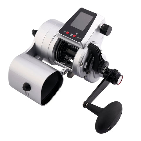 Fathom Electric Size 50 Conventional Fishing Reel With Autostop For Hands Free Retrieve And Beast Power Motor Saltwater Heavy Duty Reel High Performance Electric Reel Battery Not Included, side view