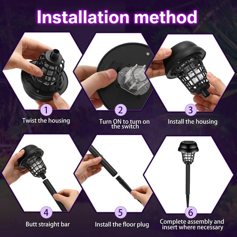 Installation steps for 4 Pack Solar Bug Zappers Outdoor Mosquito Killer Lights Waterproof No Outlet Needed Garden Patio Porch Indoor Outdoor Use Safe Solar Powered Bug Repellent Lamp Set.