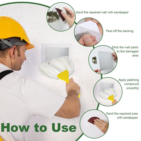 Worker using Drywall Repair Kit Eleven Piece Patch Set For Patch Up Holes And Dents In Walls Includes Four Inch Six Inch And Eight Inch Patches