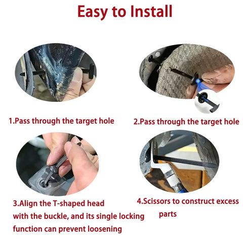 Hella Durable Nylon T Style Push Pin Ties And Rivet Fasteners For Auto Body Trim installation steps showing how to use fasteners.