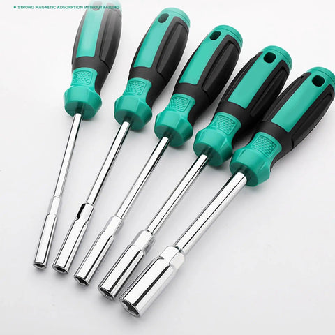 Fort Knox Tough Hex Nut Driver Socket Set Featuring Six Millimeter Wrench And Precision Screwdriver Bits with ergonomic handles.