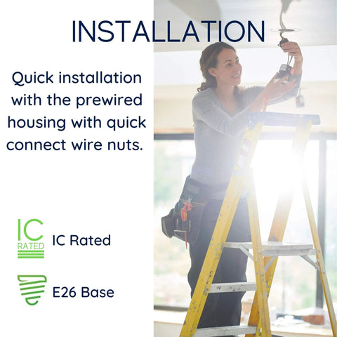 Woman installing Six Inch LED Recessed Can Light For New Construction With Air Tight IC Housing Sloped Ceiling Compatible TP24 Base
