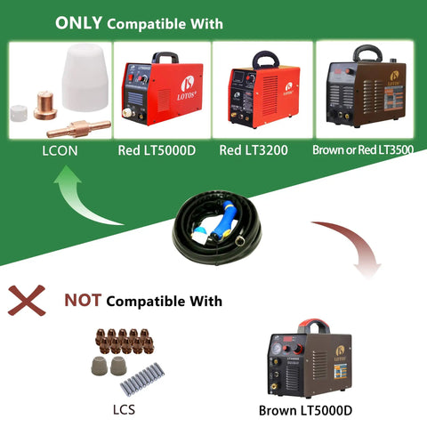 Compatibility guide for 13 Ft Plasma Cutting Torch For Red LT5000D LT3500 LT3200 And Brown LT3500, not for Brown LT5000D.