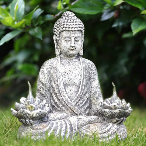 Sitting Meditating Buddha Statue 11.4 Inch Resin Garden Decor With Solar LED Lotus Lights for Patio Yard Lawn