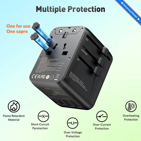 Your Go To 70W Travel Power Adapter Universal Worldwide Plug With Type A And C showing multiple protection features