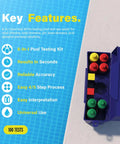 Top Shelf 6 In 1 Pool Water Test Kit For Swimming Pools And Hot Tubs showing color-coded test bottles in blue case.