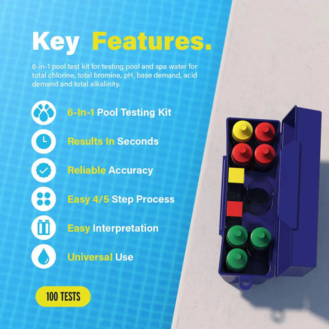 Top Shelf 6 In 1 Pool Water Test Kit For Swimming Pools And Hot Tubs showing color-coded test bottles in blue case.