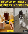Mini Heat Gun 350W With Two Temperature Settings used on glass bottle to remove stickers, showing before and after results.