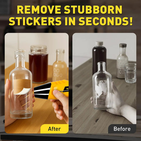 Mini Heat Gun 350W With Two Temperature Settings used on glass bottle to remove stickers, showing before and after results.
