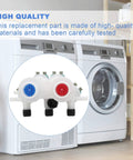 Washer water inlet valve assembly with blue and red dial knobs; white plastic body with three ports (front view)