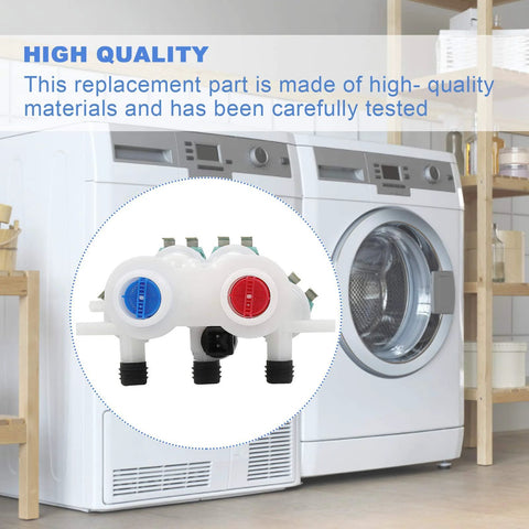 Washer water inlet valve assembly with blue and red dial knobs; white plastic body with three ports (front view)