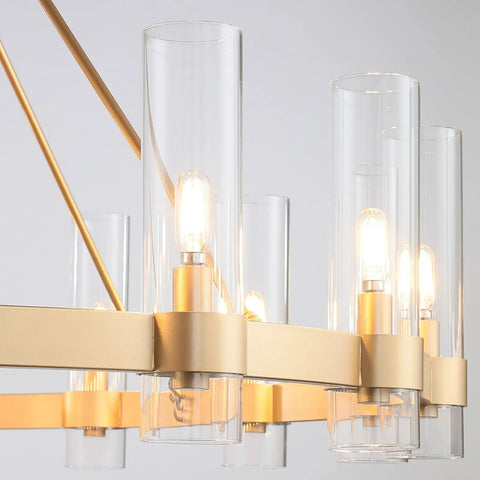 Close-up of Gold Wagon Wheel Chandelier With Glass Shades, 20 Lights, 60 Inch Large Round Industrial Pendant Lighting