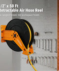 Heavy Duty Retractable Air Hose Reel With A Tough As Nails 50 Ft Epdm Rubber Hose No Sweat Auto Rewind Length Lock mounted on wall.