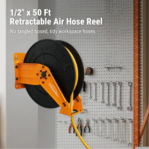 Heavy Duty Retractable Air Hose Reel With A Tough As Nails 50 Ft Epdm Rubber Hose No Sweat Auto Rewind Length Lock mounted on wall.