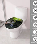 Round Resin Toilet Seat for Hiking Trail Restrooms on a toilet, featuring a nature design and adjustable hinges.