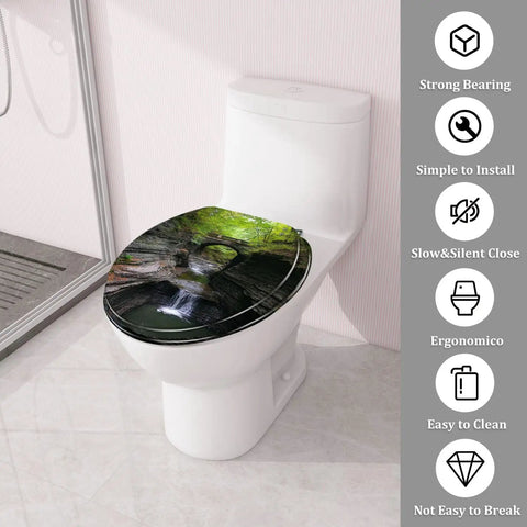Round Resin Toilet Seat for Hiking Trail Restrooms on a toilet, featuring a nature design and adjustable hinges.
