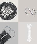 Chill Out Hammock Chair With Macrame Swing parts, including grey rope, metal rings, S-hook, and white hanging cord.