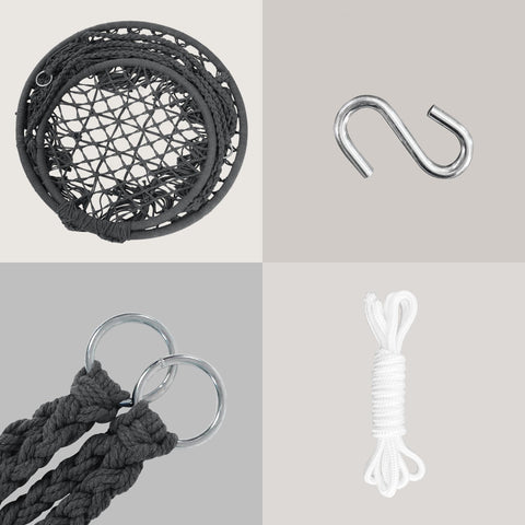 Chill Out Hammock Chair With Macrame Swing parts, including grey rope, metal rings, S-hook, and white hanging cord.