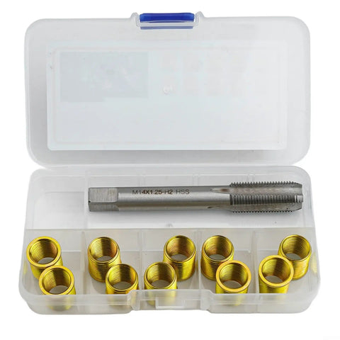Thread Repair Tool Kit For M12x1.25 Inserts And M14x1.25 Tap, Metal Helicoil Set, 11 Pieces, in clear plastic case, gold inserts visible