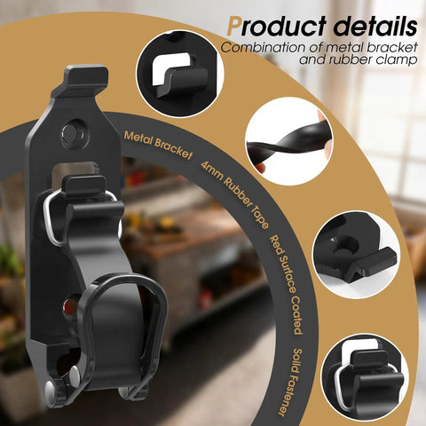 Close-up of Shovel Mount For Roof Rack And Truck Bed Off Road Shovel Holder With Eight Piece Quick Fist Clamp Kit Fits 0.67 To 1.57 Inch Diameter Tools Black For Tough Use On Trails, showing metal bracket and rubber clamp details.