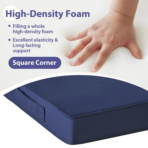 All Weather Outdoor Chair Cushions Set Of Four With Ties And Handles Square 19 By 19 By 3 Inches Navy Blue Cushions For Patio Furniture Waterproof Easy Care Durable Comfy Seat Pads, close-up of navy cushion with high-density foam and square corner
