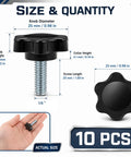 Kickass 10 Pack Black Star Knurled Thumb Screws Featuring Precision 1/4-20 Thread Size with size details and hand comparison.