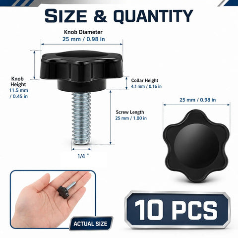 Kickass 10 Pack Black Star Knurled Thumb Screws Featuring Precision 1/4-20 Thread Size with size details and hand comparison.