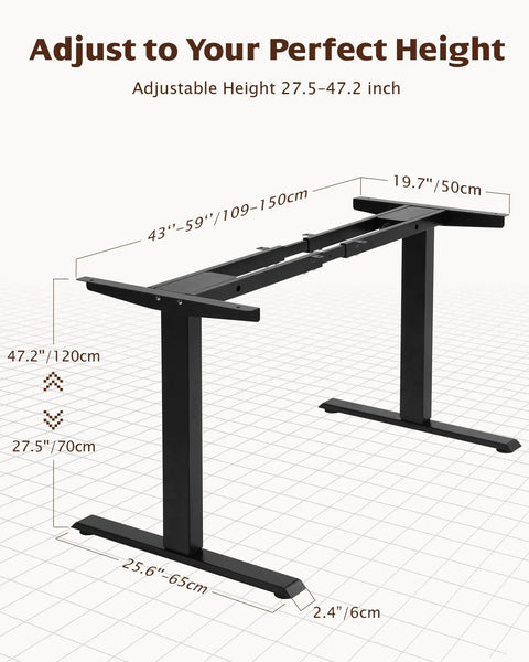 Dual Motor Electric Standing Desk Frame For Your Dope Home Office Setup Height Adjustable Sit Stand Base Fits Table Tops Up To 70.8 By 31.5 Inches 225 Pounds Capacity Black Without Stand, shown at maximum height with dimensions.