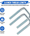 Heavy Duty 4 Pack Square U Bolts For 2.5 Inch Wide Leaf Springs, galvanized steel brackets with 3.6 inch thread length detail.