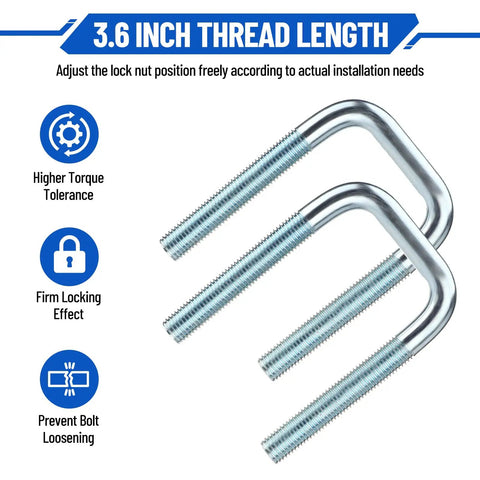 Heavy Duty 4 Pack Square U Bolts For 2.5 Inch Wide Leaf Springs, galvanized steel brackets with 3.6 inch thread length detail.