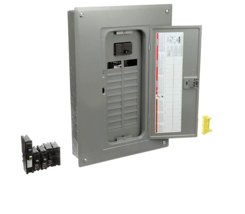 Homeline 100 Amp 20 Space 40 Circuit Indoor Main Plug On Neutral Breaker Load Center Value Pack with Cafi Breakers open view