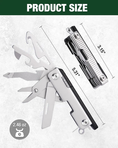 EDC 12 In 1 Multitool for Outdoors and Adventure Built Tough for Everyday Carry showing size and tool details