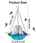 Cascade Hanging Bird Bath Fountain For Outdoor Garden Decor, Solar Powered Bird Bath With Water Pump, Metal Hummingbird Fountain, Soothing Water Cascade For A Tranquil Yard, Blue shown with dimensions and birds.