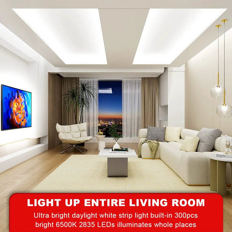 Living room with Bright White Sixteen Point Four Foot Dimmable LED Strip Lights Flexible Rope Kit For Kitchen Cabinets Mirrors Bedrooms And Party Decor 12V With 6500K SMD2835 LEDs High CRI For A Clean White Glow That Is Totally Lit illuminating the ceiling.