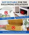 Image showing unsuitable uses for Soft Close Toy Box Hinges 200N Hydraulic, with red crosses on cabinets and dropdown lids.