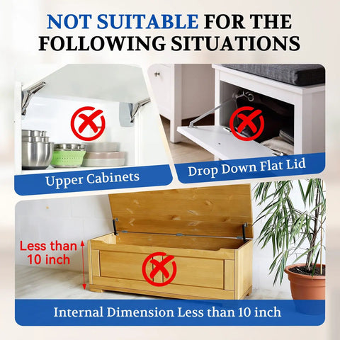 Image showing unsuitable uses for Soft Close Toy Box Hinges 200N Hydraulic, with red crosses on cabinets and dropdown lids.