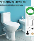 Heavy Duty Toilet Tank To Bowl Gasket And Bolt Kit Made From Premium NBR Rubber For Easy Leak-Proof Fixes And Simple Rear Installation Jobs, shown with toilet and parts