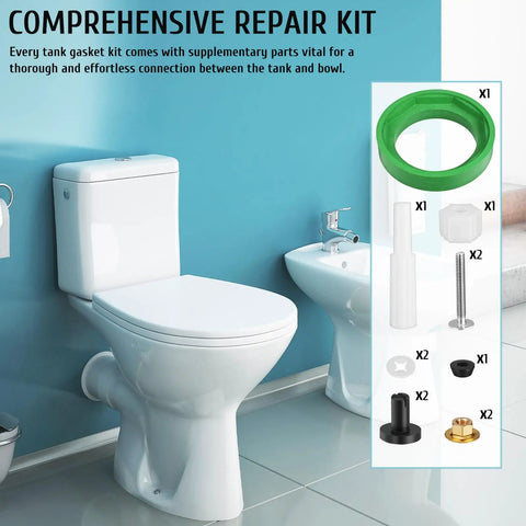 Heavy Duty Toilet Tank To Bowl Gasket And Bolt Kit Made From Premium NBR Rubber For Easy Leak-Proof Fixes And Simple Rear Installation Jobs, shown with toilet and parts