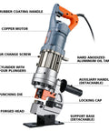 Heavy Duty 1300W Electric Hydraulic Hole Puncher For Metal Plates Up To 6 mm Thick With Lightning Fast 2 To 3 Second Punching Portable Punch Tool With Five Dies For Iron Copper Aluminum And Angle Steel Orange Grey, showing parts labeled including rubber coating handle, copper motor, cylinder with plungers, punching die, and support base.