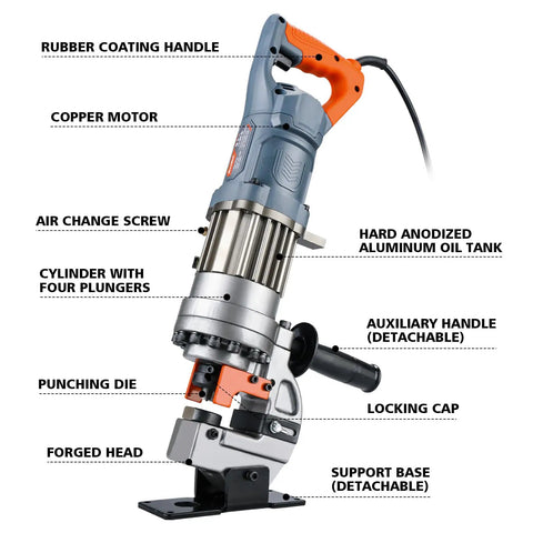 Heavy Duty 1300W Electric Hydraulic Hole Puncher For Metal Plates Up To 6 mm Thick With Lightning Fast 2 To 3 Second Punching Portable Punch Tool With Five Dies For Iron Copper Aluminum And Angle Steel Orange Grey, showing parts labeled including rubber coating handle, copper motor, cylinder with plungers, punching die, and support base.