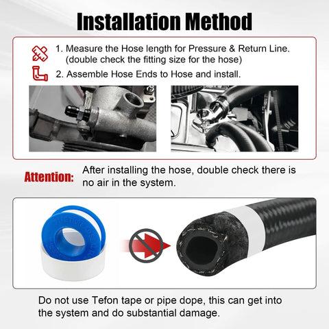 Beefed Up Heavy Duty Power Steering Hose Kit installation method for AN6 hydraulic hoses with aluminum fittings.