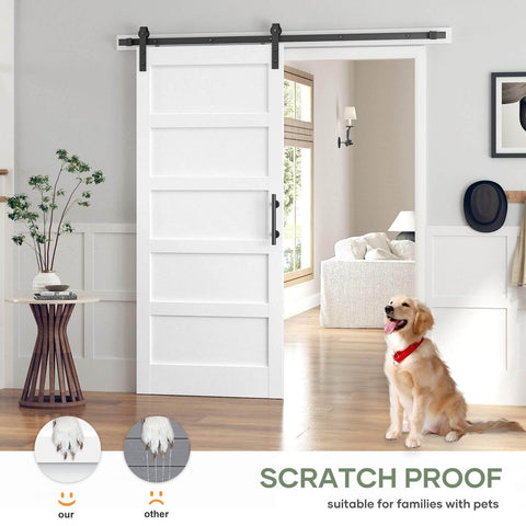 36 By 84 Inch White Sliding Barn Door Slab With Six Point Six Foot Hardware Kit Included Five Panel MDF Wood Door With Waterproof Scratchproof PVC Surface Easy DIY Assembly installed in living room