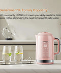 1.5L Stainless Steel Smart Electric Kettle With Temperature Control, Six Precise Presets, 1200W Fast Boil, Pink Finish on kitchen counter