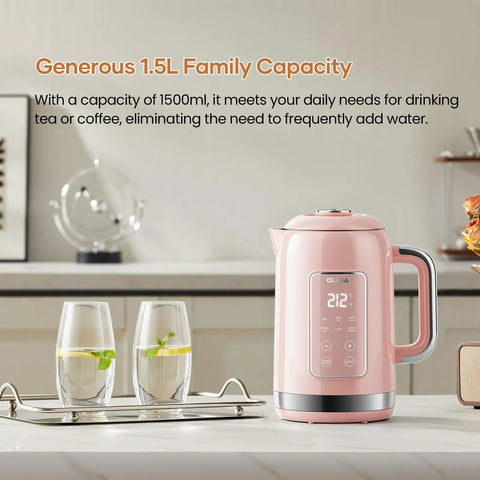 1.5L Stainless Steel Smart Electric Kettle With Temperature Control, Six Precise Presets, 1200W Fast Boil, Pink Finish on kitchen counter